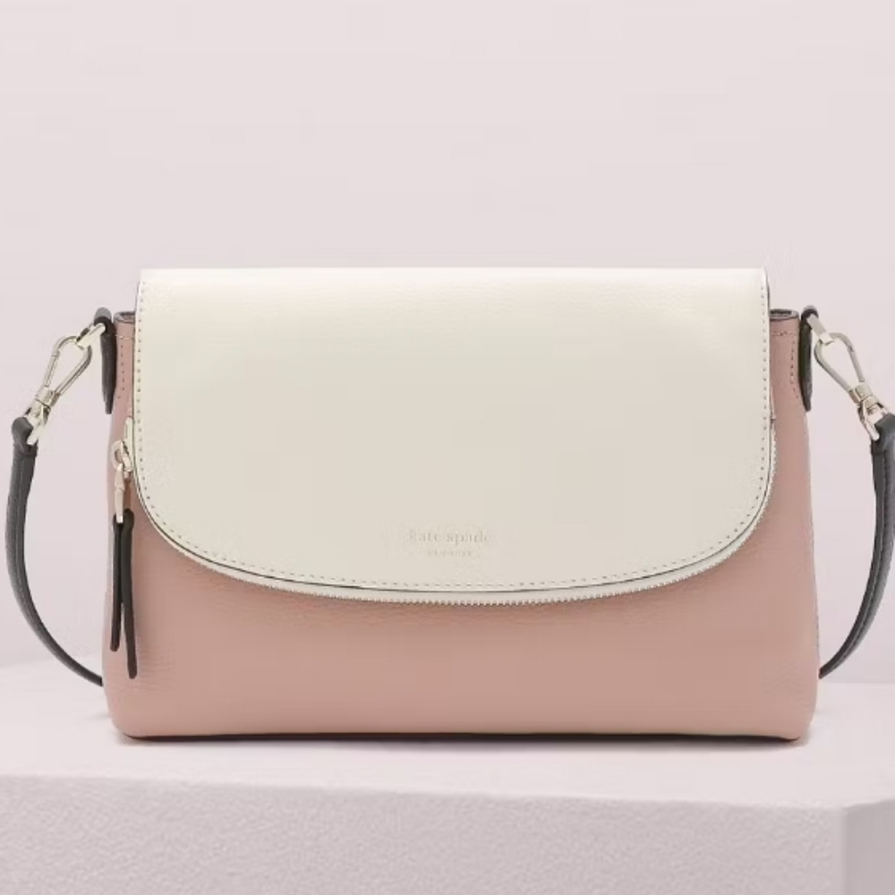 Kate Spade Polly Large Convertible Crossbody  Pink Cream Black Pebbled Leather